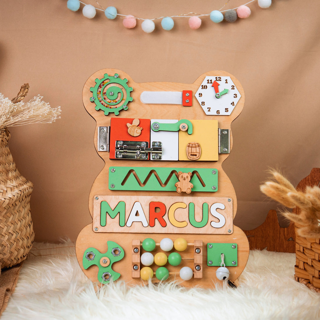 Personalized Bear Busy Board - Wooden Montessori Toys