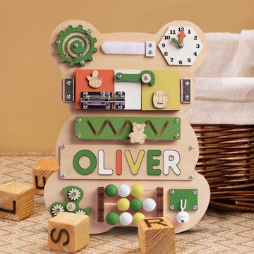 Personalized Bear Busy Board - Wooden Montessori Toys